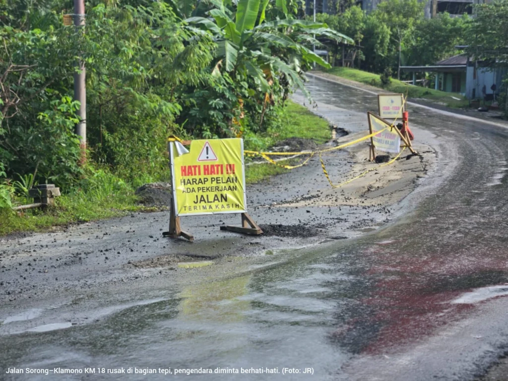 Jalan Sorong–Klamono KM 18 Kembali Rusak, Warga Khawatir Keselamatan Pengguna Jalan