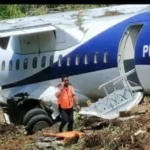 Pesawat Trigana PK YSP ATR 42-500 tergelincir di Bandar Udara Stevanus Rumbewas Serui, Kabupaten Kepulauan Yapen, Senin 9 September 2024, FOTO:dephub