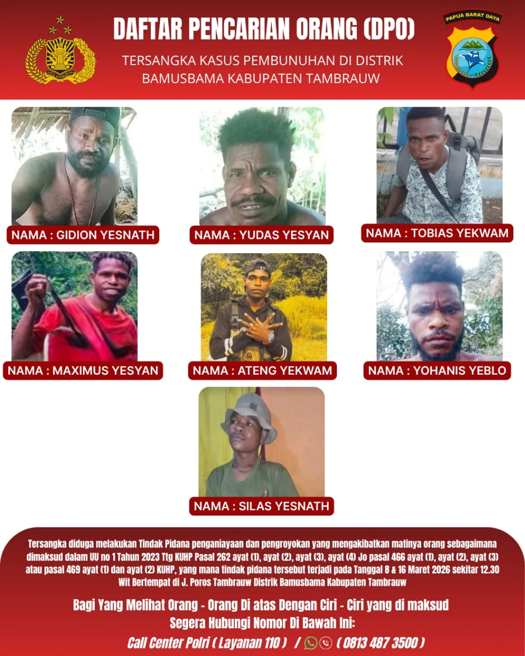 Update Terbaru: Polisi Rilis 7 DPO Kasus Pembunuhan Nakes di Tambrauw
